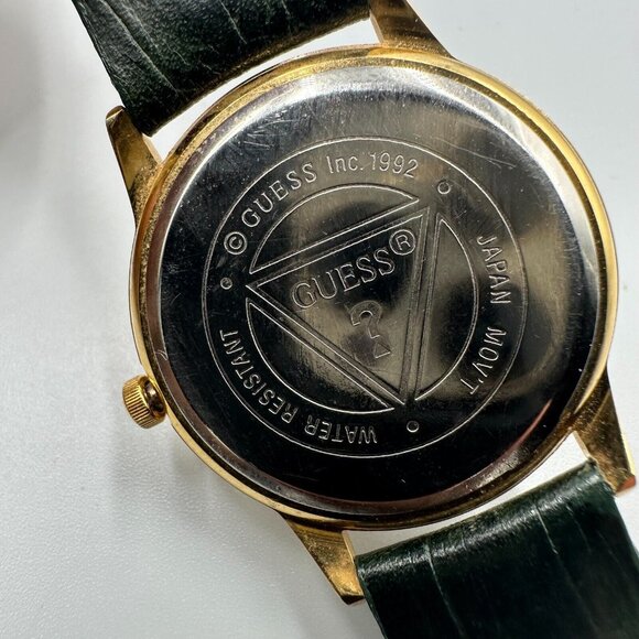 Vintage Guess Watch Women Gold Tone Dark Green Leather Band New Battery 9" - Picture 4 of 13